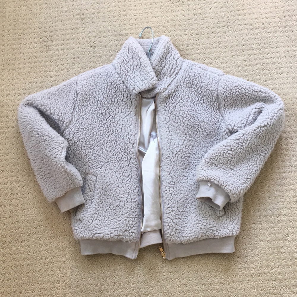 gray faux fur bomber jacket with zipper